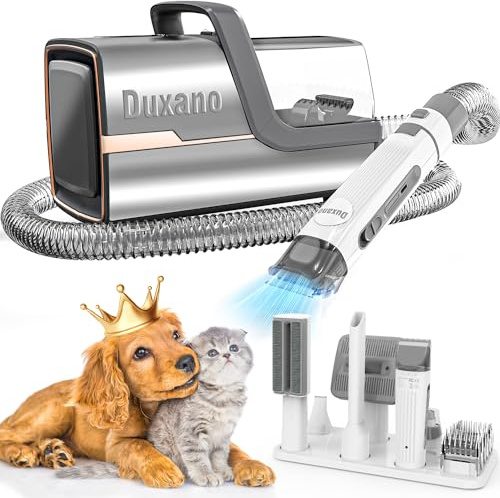 DUXANO Kit per toelettatura cani 7 in 1, 15000 Pa, potente aspirazione a vuoto, raccoglie il 99% dei peli di animali domestici, rimozione dei peli di animali domestici con tagliacani, spazzola per