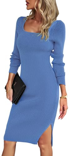 Heersan Vestidos De Punto Mujer Collar Cuadrado De Invierno Largo Abrir Un Tenedor Otoño Invierno Elegante, Ajustado, Elasticidad Vestido, Vestido Punto Mujer Invierno（5 Colores）
