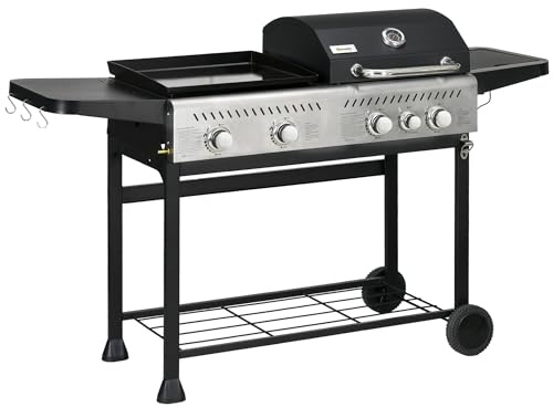 Outsunny 2-in-1 Gas BBQ and Plancha Grill, 12 kW 4+1 Burner Propane Gas Barbecue with Wheels, Warming Rack, Shelves, Thermometer, Bottle Opener for Garden Party Festival, Black