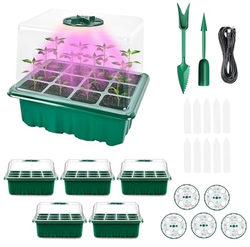 ZITUZY Zimmergewächshaus Anzuchtkasten mit Pflanzenlampe, 5 Stück Mini Gewächshaus Anzucht Set, Tabletts Treibhaus Anzuchtschale für Pflanze,10 Etiketten, 2 Werkzeuge, mit erhöht Deckel