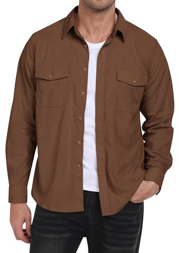 MoFiz Chemise en Velours Côtelé Homme Veste Chemise Boutonnée à Manches Longues Chaude Décontracté Haut Automne Hiver avec Poches Marron EU XL