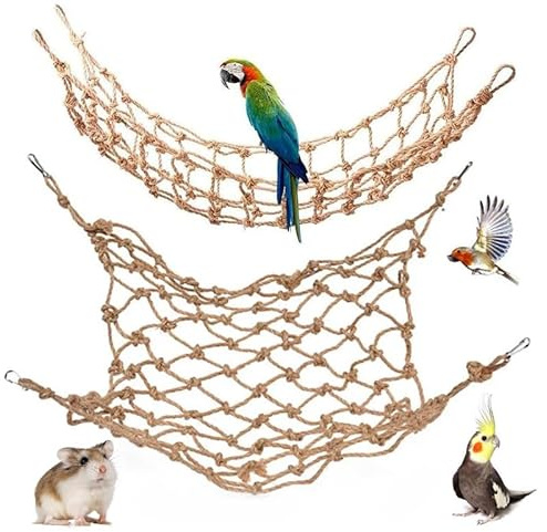 CQJ 2 Packs Natural Bird Rope Net Parrot Swing Hammock for Birds Parrot Ladder Macaw Hanging Hammock Activity Toy for Rats Parakeet Cockatiel Cockatoo Conure African Grey Budgie (S 12x8inch)
