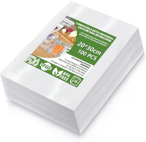 Sacs Sous Vide Alimentaire-100 Sachets,Sacs à Faire le Vide d'air Gaufrés Convient à Tous Machine Sous Vide,pour la Conservation des Aliments et la Cuisson,Sans BPA(20 x 30cm)