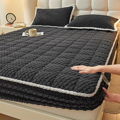 LSZHBSL Plüsch spannbettlaken 180 x 200 + 30 cm mit Kissenbezug Schwarz Plüsch Flanell Bettlaken Kuschelig Flauschig Spannbetttuch für Boxspringbett Topper Matratze mit Gummizug