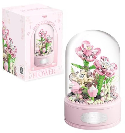 KBIBCK Bouquet de Fleurs en Briques, 438 Teile Kit de Construction de Bouquet de Fleur, Blocs de Construction Fleurs Artificielles avec Boîte à Musique et dôme Anti, Jouet De Construction (Gardénia)