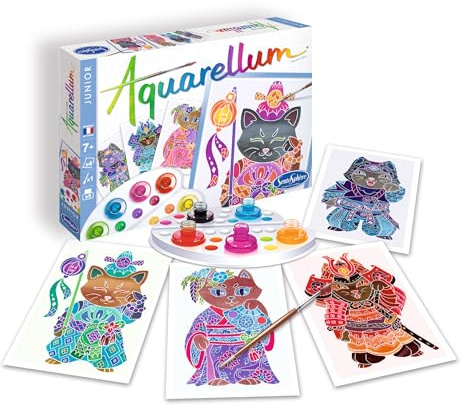 Sentosphère 3906516 Akvarellum Junior, akvarellmålningsset för barn, motiv Maneki Neko, gör-det-själv kreativt set, pysselset, målningsset från 7 år