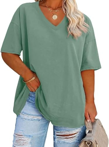 Fisoew Dam plusstorlek t-shirt med V-hals kortärmad sommar överdimensionerad skjorta basic lös topp stora storlekar bomull t-shirt toppar