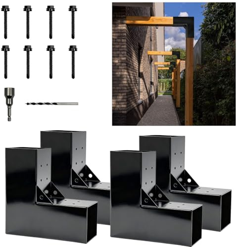 VOTWOOFV 4x4 L-Shaped Pergola Bracket,2-Way Woodwork Bracket for Indoor & Outdoor Wood Post Structures,DIY 90° Right Corner Brackets for Gazebos,Patios,Porchs,Log Cabins with Screws - 4Pack