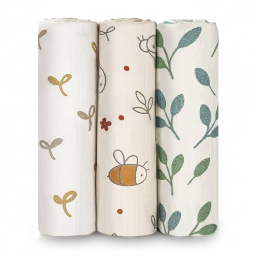 HECCEI Mantas de muselina para bebé, paquete de 3 unidades, 120 x 120 cm, paños de muselina grandes, mantas de recepción para recién nacidos, juego de regalo de ducha infantil (jardines susurrantes)
