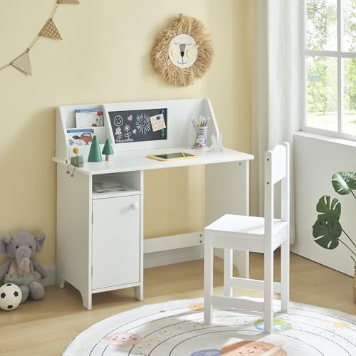 Panana White Wooden Kids Desk and Chair Set with Storage, Children Study Table and Chair Writing Table Set