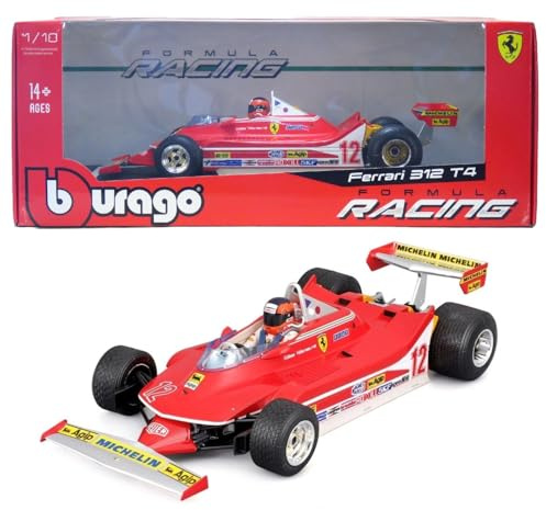 Bburago - Ferrari 312 T4 GP South Africa Winner 1979#12 Gilles Villeneuve, 1:18 Scale Model Car, Historic Replica with Driver, Detailed Features, Ferrari Licence, Recommended Age 14+ Years