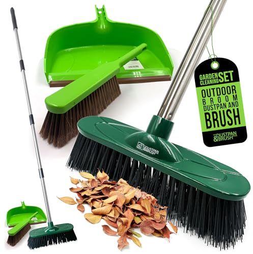 Outdoor Broom and Garden Dustpan and Brush Sets, Stiff Bristles Brush and Pan Set, 4-Piece Handle Broom, Dustpan with Serrated Edges, Leaf Collector for Patio, Decking, Driveway Cleaning
