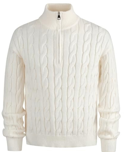 Generisch Jersey de cuello alto para hombre, diseño trenzado, cuello alto, suéter con cremallera de 1/4, jersey clásico de invierno, punto fino, polo básico con cremallera, Blanco, L