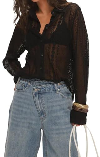 Women's Lace Long Sleeve Top Dressy Casual Embroidery Y2K Hollow Out Sheer Mesh Button Up Shirt Blouse (Black, M)