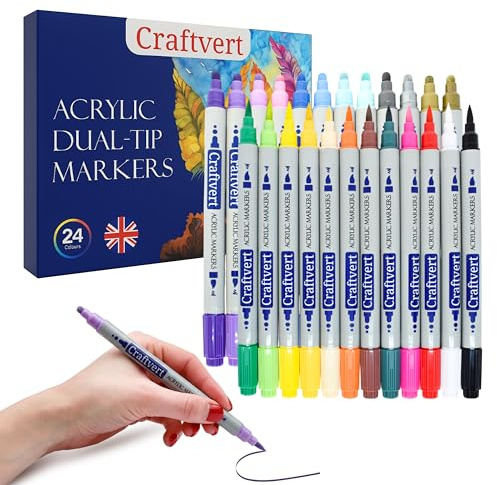 Craftvert Acrylic Paint Pens – 24 Multicolour Dual Tip Paint Markers for Arts and Crafts, Suitable for Glass, Wood, Paper, Fabric, Ceramic, and Rock Painting (Adults & Kids)
