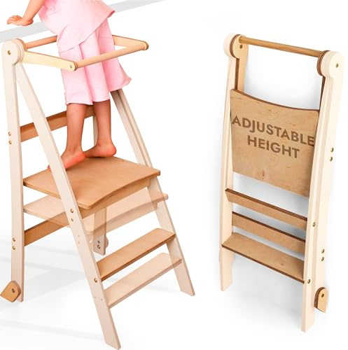 Goodevas Wooden Montessori Learning Tower Space-Saving: Foldable Learning Tower, Stool for Children, Foldable Kids' Step Stool, Tower with 2-Level Height Adjustable & Anti-Tip Protection