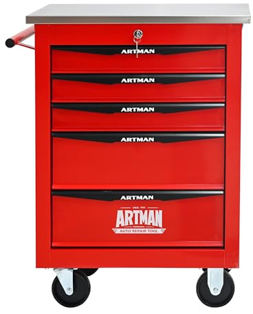 Chariot à Outils Multifonction 5 Tiroirs avec Roues, Rangement Métallique à Roulettes pour Garage, Atelier, Entrepôt, Réparation, avec Plateau en Acier Inoxydable, Rouge & Noir, 52.4x33x65.6 cm