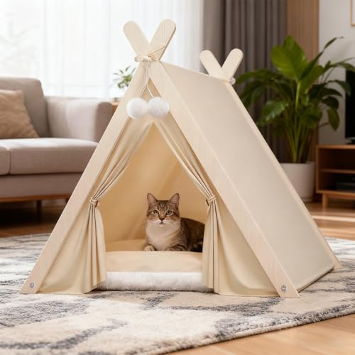 PETCUTE tipi tält för katter, kattungar och små hundar, vikbart hundtält med triangulär träram och avtagbar, tvättbar kudde, mysigt katttält för inomhus utomhus, beige
