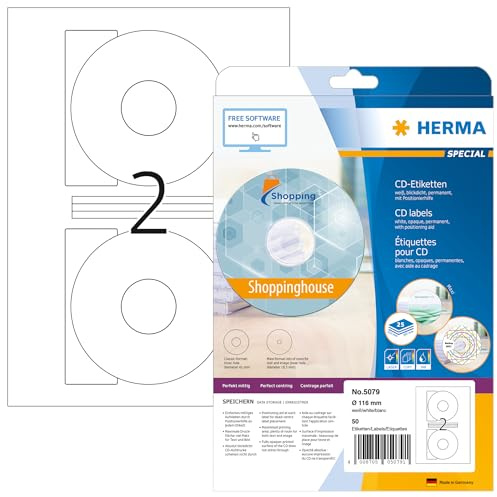 Herma CD labels white ø 116 SuperPrint 50 pcs. - Etiquetas de impresora (Color blanco, Labels/pack - 50 pcs. Sheets/pack - 25 pcs., ø 116 mm, A4 sheets)