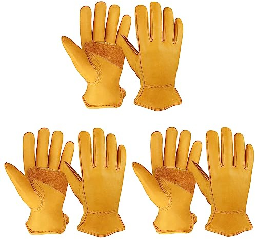 OZERO Leather Work Gloves for Men, 3 Pairs Gardening Gloves, Grain Cowhide Garden Gloves with Reinforced Palm, Flexible Keystone Thumb, Elastic Wrist, Heavy Duty Yard Work Gloves,Large