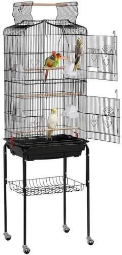 Yaheetech Large Bird Cage Open Play Top Parrot Cage Metal Budgie Cage with Rolling Stand for Medium Canary Cockatiel Cage