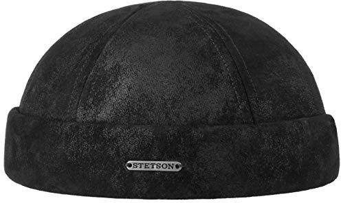 Stetson Pigskin Dockermütze Herren - In der EU gefertigt - Aus 100% Leder - Mit Baumwollfutter - Größenverstellbar durch Klettverschluss - Biker-Mütze - Docker Herbst/Winter schwarz L (58-59 cm)