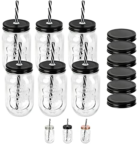 Schramm® 6 Stück Trinkgläser 500 ml mit Strohhalm wiederverwendbar Glas Gläser Einmachgläser mit 12 Deckeln wählbar in Silber, Bronze, schwarz und bunt Aufbewahrungsglas, Farbe:schwarz