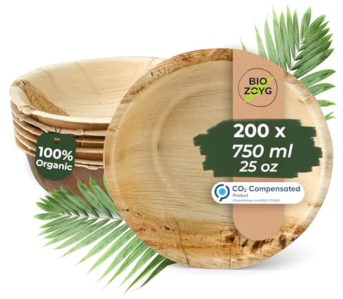 BIOZOYG 200x ciotola in foglia di palma 750 ml - Piatto da zuppa usa e getta, ciotola per insalata compostabile - Stoviglie da festa sostenibili