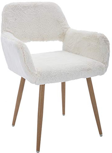 KCC Furry Desk Chair, Mid-Century Modern Accent Comfy Armchair with Faux Fur for Teen Girls, Wood Look Metal Legs Living Dining Room, Home Vanity Makeup Office No Wheel, White.