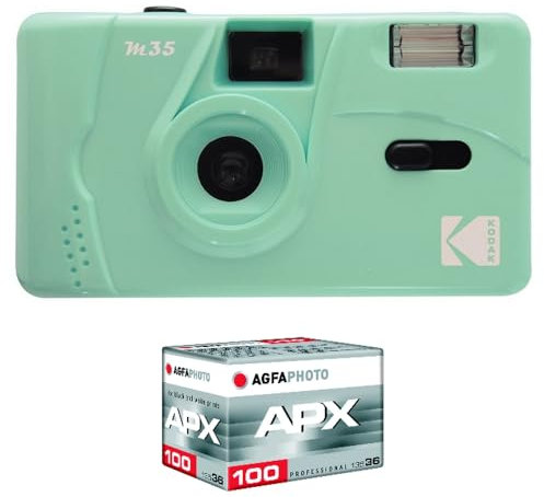 KODAK Pack M35 Argentique + Pellicule 100 ASA - Appareil Photo Kodak Rechargeable 35mm Mint Green, Objectif Grand Angle Fixe, Viseur optique , Flash Intégré + Pellicule APX 100, 36 poses