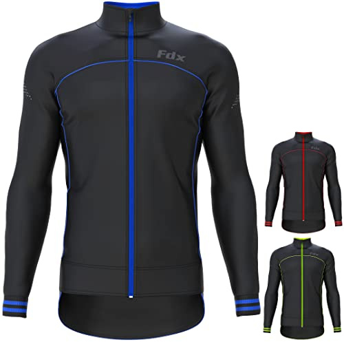 FDX Men’s Winter Cycling Jacket, Windproof, Softshell Thermal Fabric, Breathable, Cycle Tops, Full Zipper, Long Sleeves Reflective Jacket, Outerwear Coat for Riding, Running, Bike Racing (Blue-3XL)
