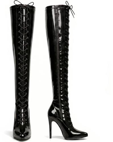 Golden Beads Women ladies boots thigh high heel over the knee boots front Lace-up with side zip Stiletto high heels pointed toe women, ladies Ladies faux leather boots (Black Patent, 7)