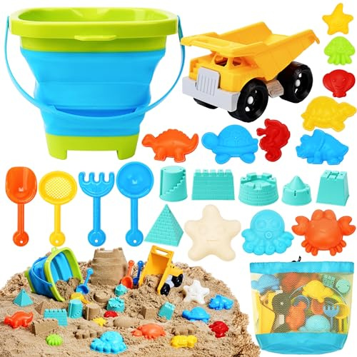 Sloosh Beach Sand Toys Set 24Pcs - Dump Truck Car Toy with Sand Molds for Toddlers Outdoor Play, Collapsible Foldable Buckets Mesh Bag Shovels Castle Animal Mold Sets, Kids Ages Sandbox Toys (Animals)