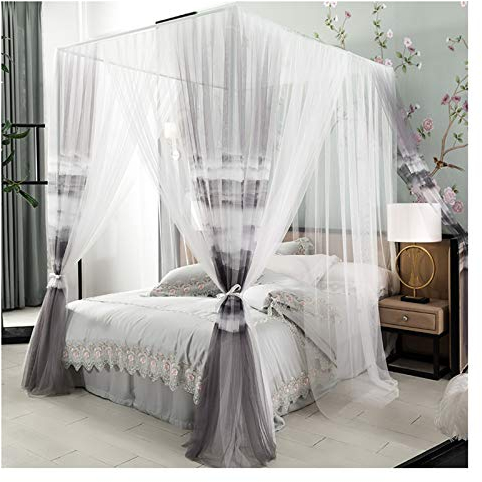 EsEntL Toldo de cortina de cama de princesa con 4 postes de esquina para niñas, elegante 3 aberturas, mosquitero de doble capa con soporte de metal llamativo (tamaño: 150 x 200 x 210 cm, color: gris)