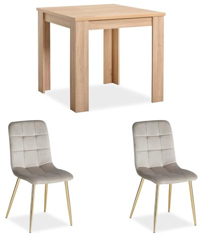 Homestyle4u Esstisch 2 Personen Polster Samt Hell Grau 80x80 Essgruppe mit 2 Stühlen Holz Natur Polstersessel Esszimmergruppe