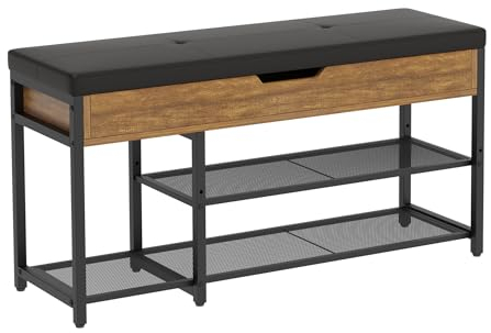 Mondeer Schuhbank mit Gepolstertem Sitzfläche, Schuhregal mit 2 verstellbares Gitterablagen Stauraum unter dem Deckel Industriestil für Flur Eingang Schlafzimmer, 96 x 30 x 50 cm, Vintagebraun-schwarz