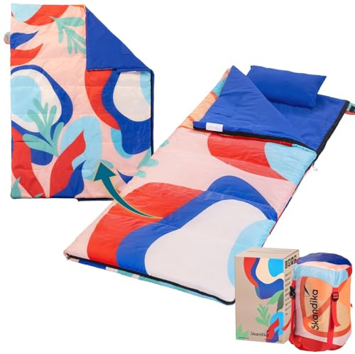 Skandika Sacco a pelo Sovro 190 | per adulti - 3 stagioni - 220 x 80 cm, Può essere utilizzato come sacco a pelo doppio - Sacco a pelo da campeggio con cuscino (Coralflame)