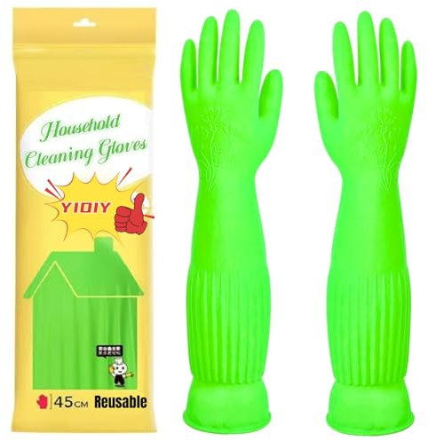 YIOIY Guanti in Gomma per Lavare i Piatti in Cucina, Guanti per Pulizie Domestiche, Antiscivolo e Ultra Resistenti - Per Cucina, Bagno, Giardinaggio，45cm(Verde, S)