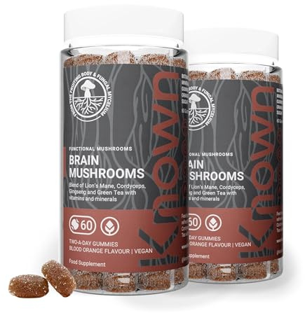 Known Tasty Brain Mushrooms Gummies - Lion's Mane, Cordyceps, B Vitamins for Energy - Natural Orange Flavour - 60 Vegan Gummies, 2 Month Supply