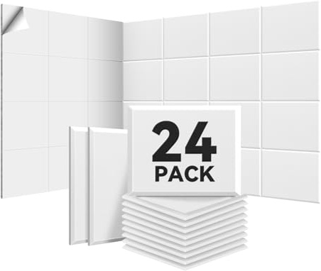 Sonuvia Paket med 24 fyrkantiga akustikpaneler självhäftande, 30*40*0.9cm, täcker 2,88 m², ljudisolering för väggar och dörrar - 230 kg/m³, NRC 0,95, 100 % polyester, för ljudisolering av väggar
