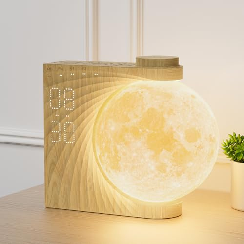 RETEYUNG Reloj despertador con Simulador de Amanecer, Lámpara Luna 3D Giratoria, RGB 8 Colores, Sin Tic-Tac,12/24h, Luz Nocturna con Sonidos Naturales, para Dormitorio, Hogar, Oficina