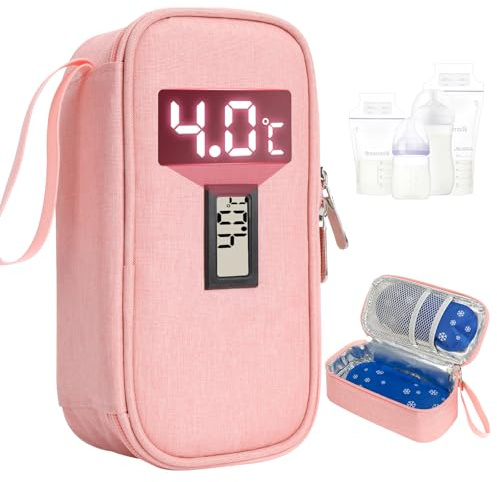 YOUSHARES Sac Isotherme Lait Maternel avec Poches de Gel, Glacière Lait Maternel Biberon avec Affichage de la Température pour Voyages Conservation Lait Maternel（Rose）