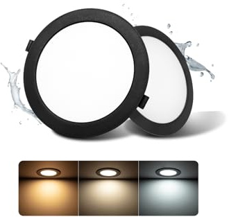 2 Pack LED Inbyggnadsspot Svart 16W Rund IP44 3CCT 1400LM Hål: Ø145-160mm | Grebeam LED infällda spotlights Badrumsspot 3000K Varmvit 4000K Neutralvit 6000K Kallvit LED Takspot för Kök och Vardagsrum
