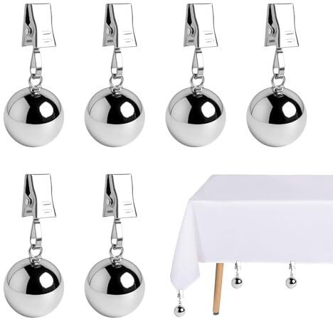 INQUIRLLY Confezione da 6 tovaglie robuste, 68 g, sfere in acciaio inox extra pesanti, con clip, peso della tovaglia per esterni, adatte per tovaglie, tende, ecc