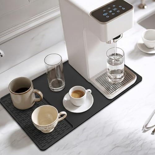 HAOCHEN 1 PcsAlfombrilla Cafetera de Siliconas, 61 x 40 cm Alfombrilla de Silicona Antideslizante Tapete para Máquina de Café con Borde Elevado, Alfombrilla de Silicona para cafetera, secar platos