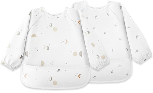 Susurration Baby Bibs with Sleeves for Eating, 2 Pack Reusable Waterproof Bibs Toddler Bibs with Sleeves, 6-36 Months Baby Feeding Essentials - Grey Moon