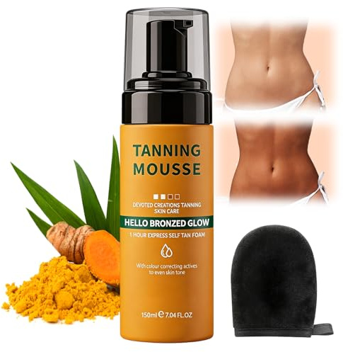 150 ml Mousse Autobronceador Espuma Tono Oscuro, Amarillo Hidratante Espuma Autobronceadora Oscura,Rápido y Sin Necesidad de Sol Mousse Para Todo Tipo Colores de Piel Niños y Niñas