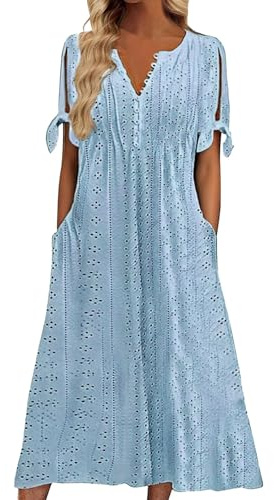 nnOuOnn Summer Maxi Dresses for Women UK 2026 Boho Casual Elegant Ladies Dress Fashion Floral V-Neck Button Short Sleeve with Pockets Sundress Beach (UK, Alpha, XXL, Regular, Regular, Blue)