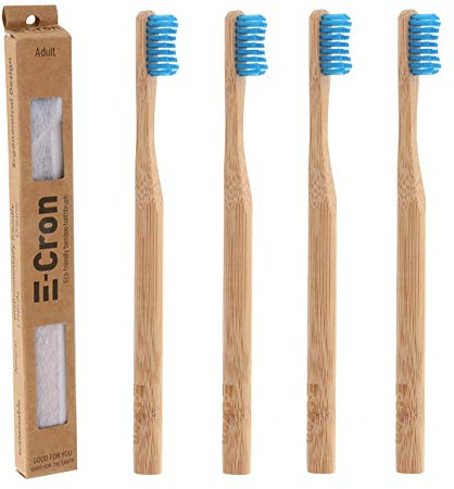 4 x Cepillo de dientes de bambú E-Cron con un mango respetuoso con el medio ambiente (Azul), 100% ecológico y biodegradable. Su cuidado dental natural con el toque cálido y limpio del bambú.