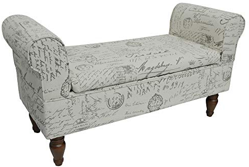 WATSONS Storage Ottoman Bench/Padded Seat with Retro French Print and Wood Legs - Cream/Brown